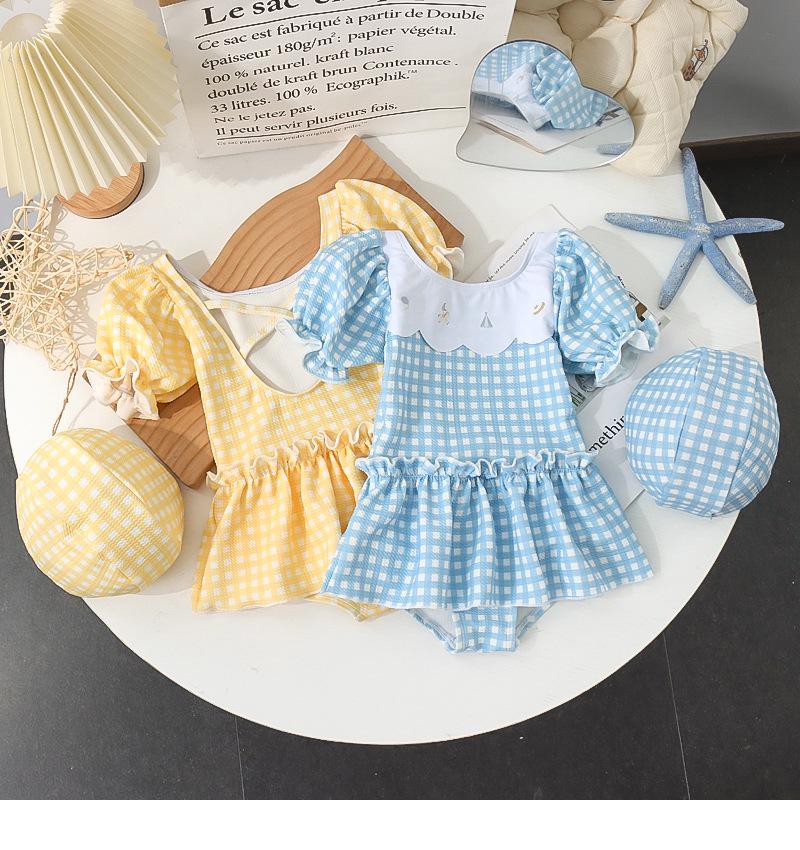 Costum de baie întreg cu carouri de desene animate pentru fetițe