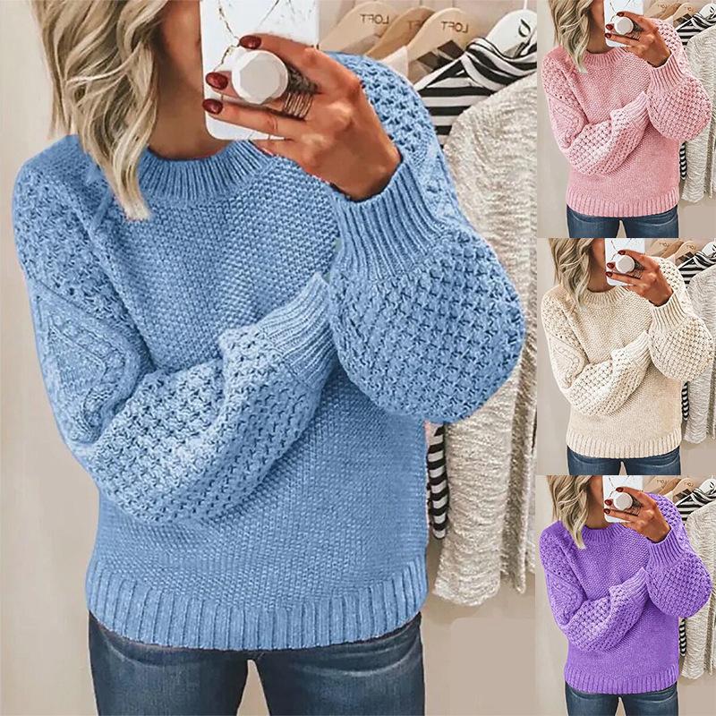 European & American Fashion Women's Cable Knit Pullover Sweater: Long-Sleeved, Round Neck.