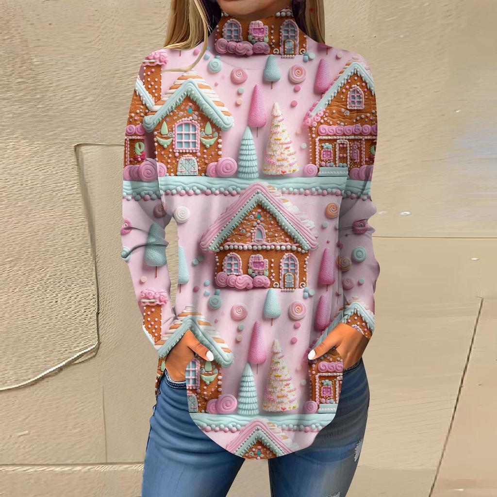 Damen Herbst Casual Langarmshirts Sweatshirt Vintage Bedrucktes High Neck Top Pullover