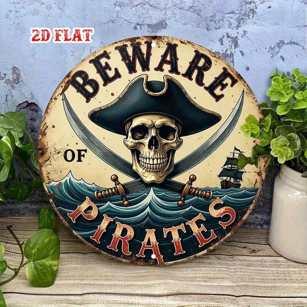 Vintage Nautical Skull Crossbones Rustic Round Metal Wall Art Sign Blue Decor