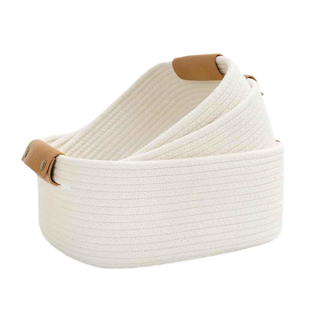 3-piece Storage Basket Cotton Rope Woven Storage Basket Multifunctional Rectangular Storage Basket With Leather Handle