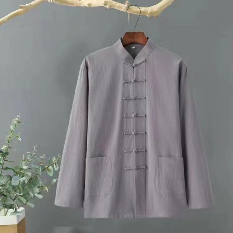 Men's Retro Chinese Cotton-Linen Stand Collar Long-Sleeve Shirt
