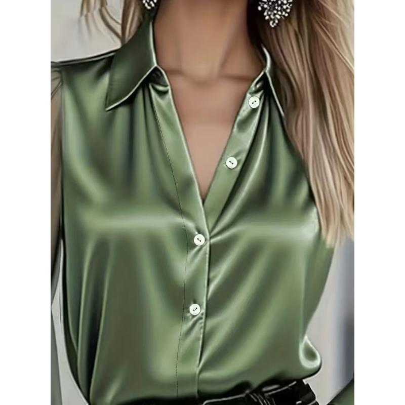 Spring and Autumn New Style Satin Shirt Women's Long-sleeved Lapel Solid Color Temperament Commuter Fashion Top