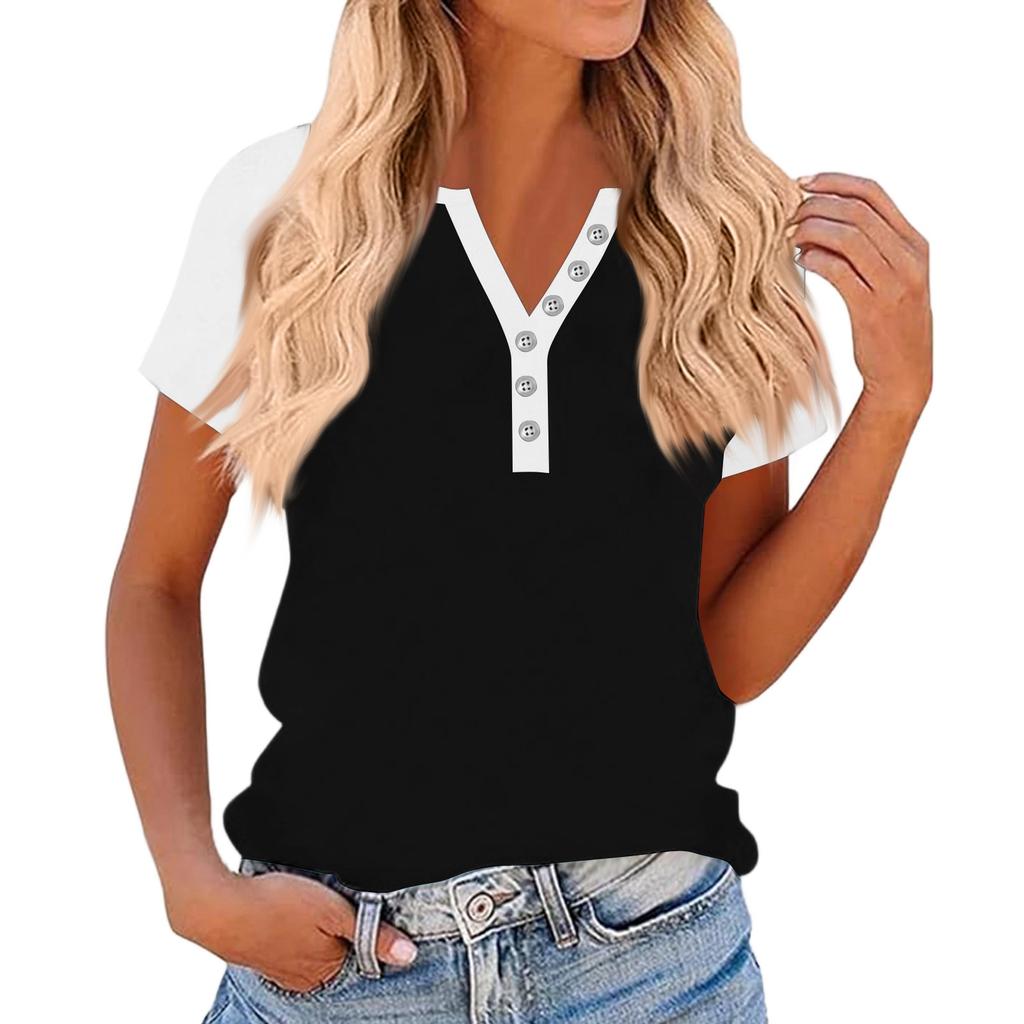 Women's Fashionable Casual V-neck Button-down Summer Color-blocked Printed Short-sleeved Top