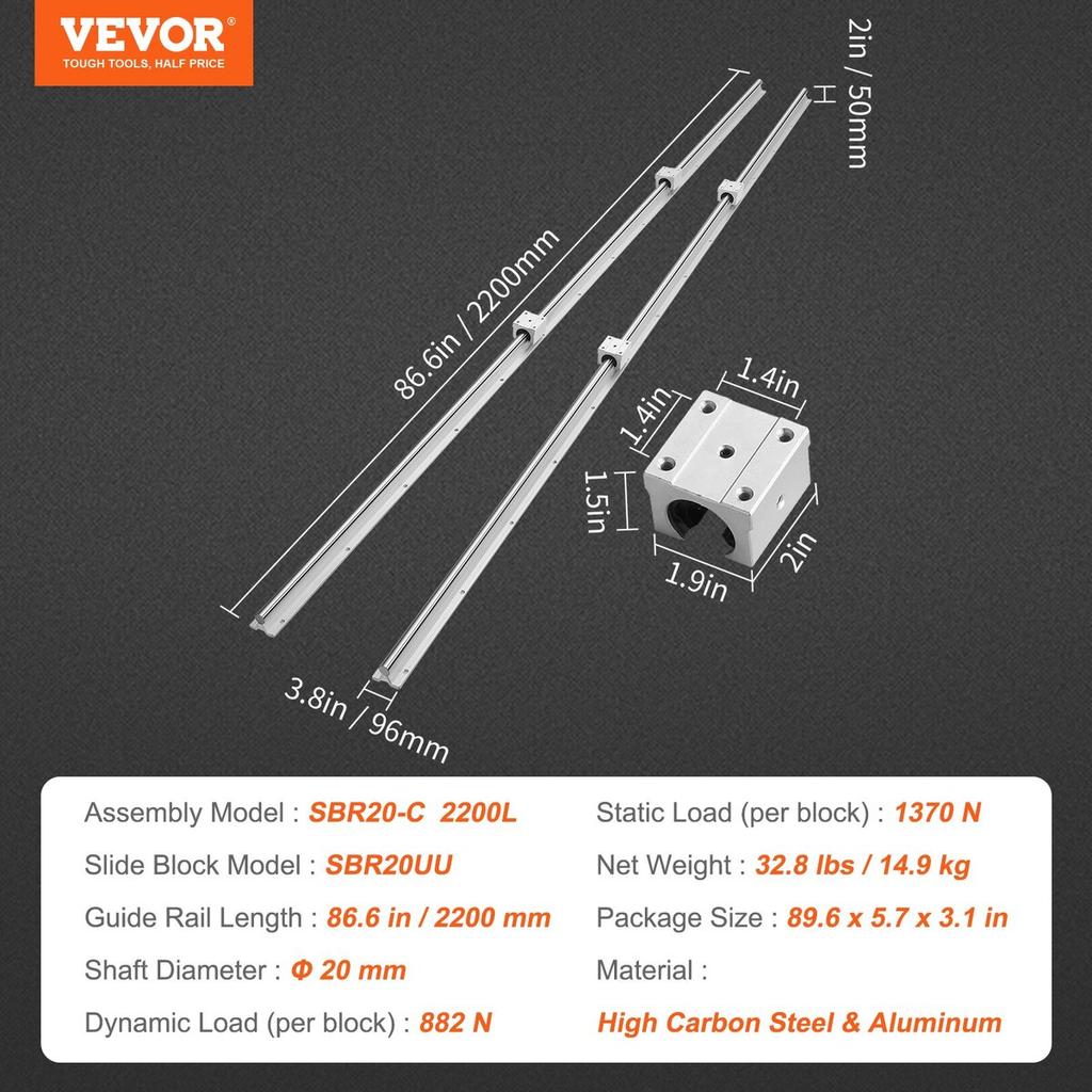 Linear Guide Rail Set, SBR20 2200mm, 2 PCS 86.6 in/2200 mm SBR20 Guide Rails and 4 PCS SBR20UU Slide Blocks, Linear Rails and Bearings Kit for