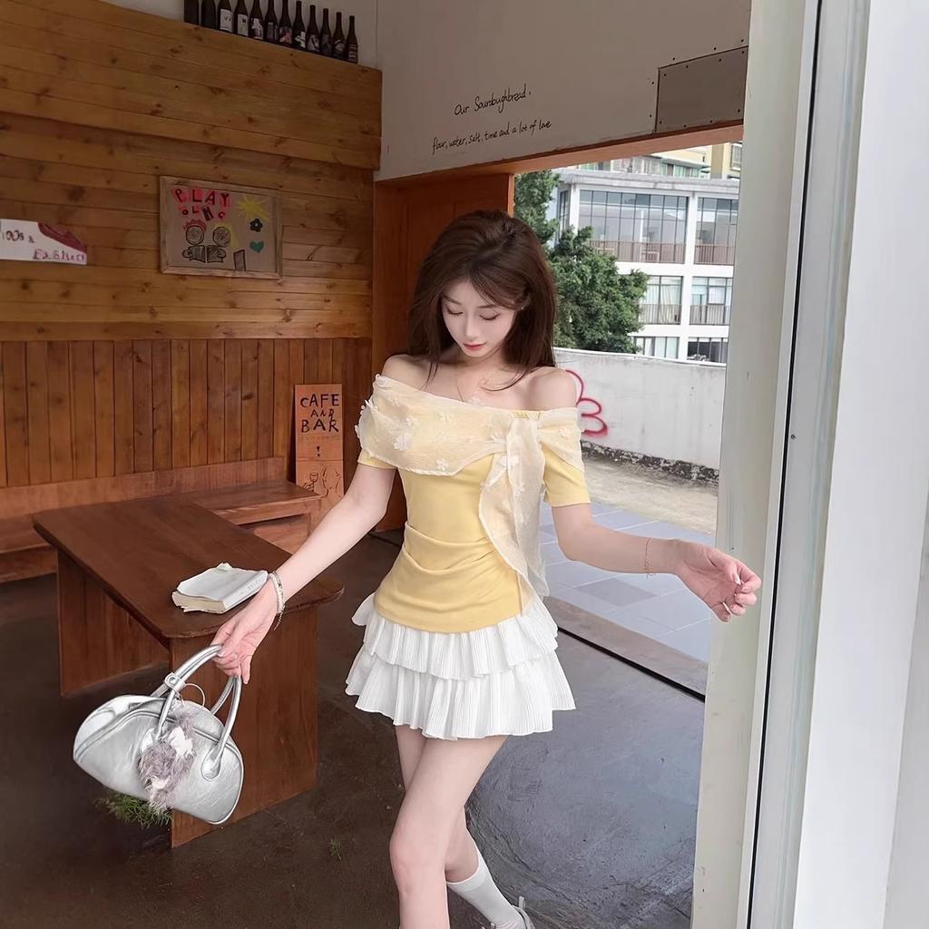 Fashion Chic Lace Splicing Flower Off-Shoulder Short Sleeve T-Shirt Women's Summer Korean Sweet Spice Girl Slim Skinny Top