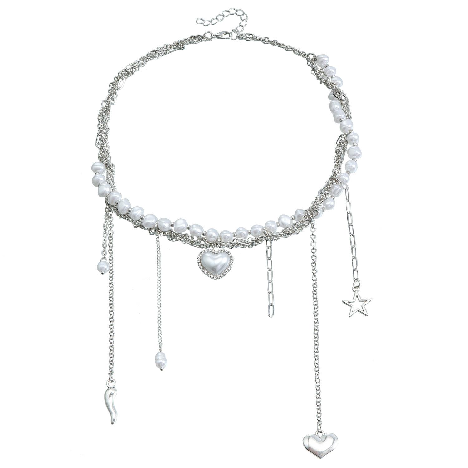 Multi-layer heart-shaped fringed pearl neck chain necklace vintage star pendant collarbone chain