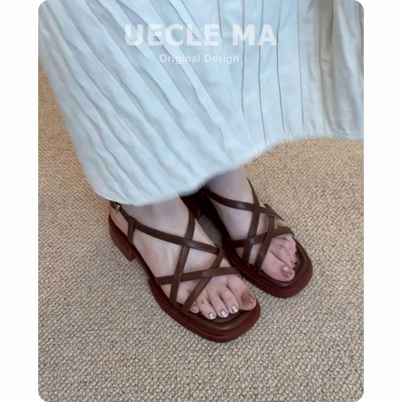 Leather Version~ Sandals Women's Thick Soles Are Beautiful and Not Tiring, Summer with Skirts and Cross-strapped Shoes