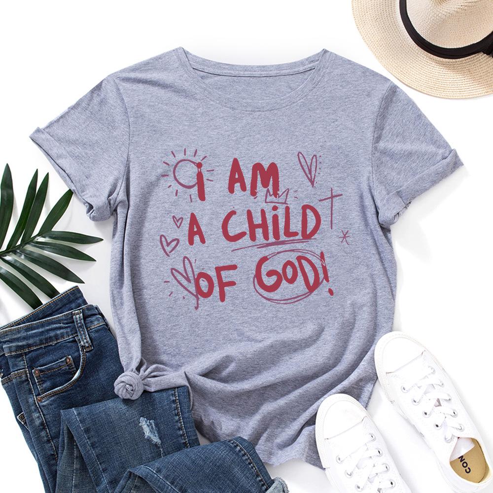A Child of God Alphabet Cotton T-Shirt Short Sleeve Round Neck Women 2d Print Tops