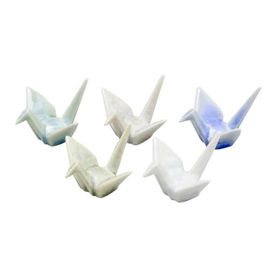 Kyo-yaki Kiyomizu-yaki Chopstick Rests, Set of 5, 5 Colors, Approx. 5cm, Origami Crane, Flower Crystal, Blue / Yellow / Brown / Green / White, Made