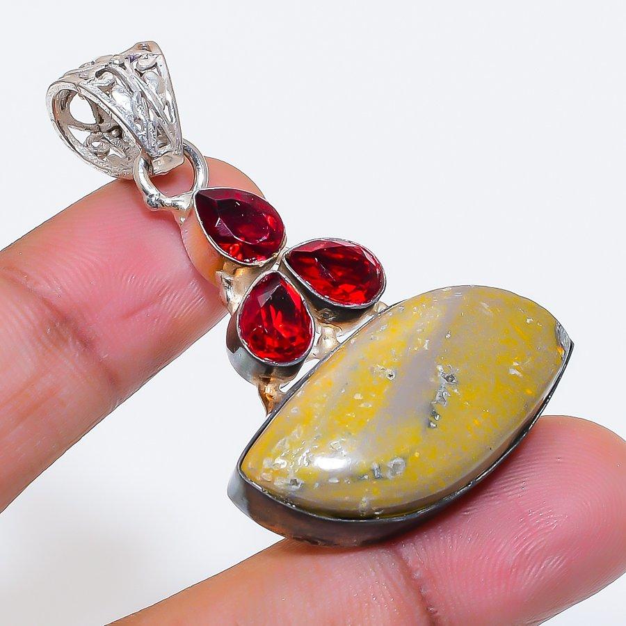 Natural Bumble Bee Jasper, Garnet 925 Sterling Silver Jewelry Pendant 1.89" ZS-1271