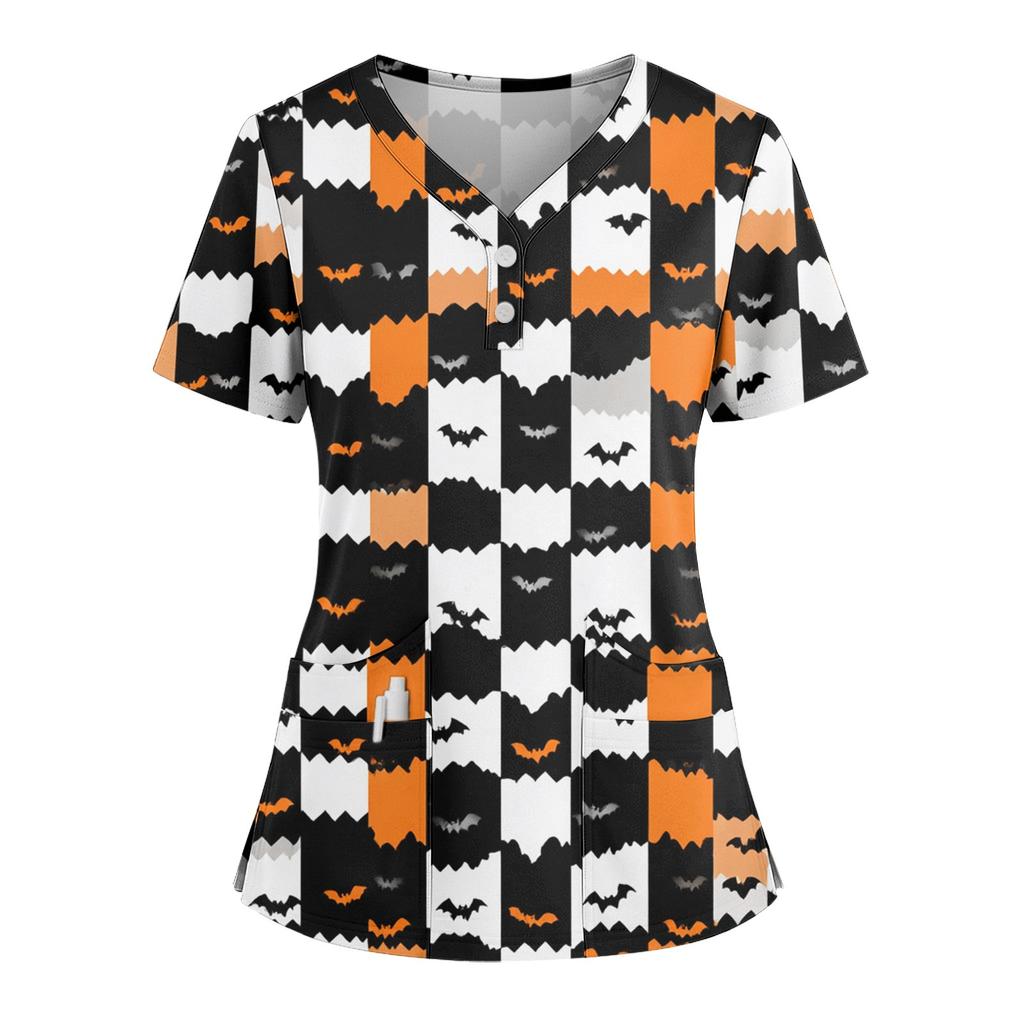 Women's Loose Short Sleeved Fashionable Halloween Print V-neck Buttonable Side Slit Top T-shirt