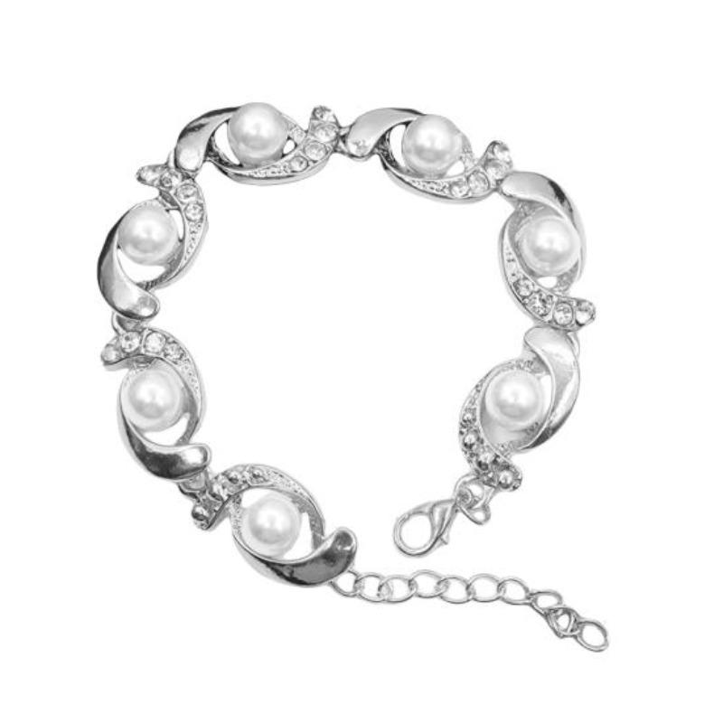 Women Faux Pearl Rhinestone Inlaid Charm Bracelet Bangle Adjustable Jewelry Gift