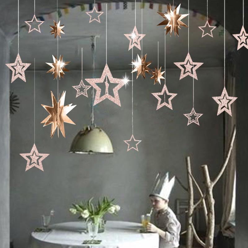 Rose Gold Hollow Star Paper Garlands Banner Hanging for Wedding Christmas Decorations Kids Birthday Party Supplies Baby Shower