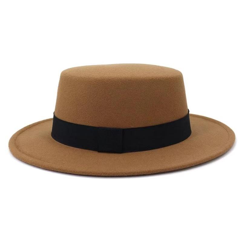 Autumn Winter Korean Version Flat-Top British Style Solid Color Top Hat Gentleman'S Jazz Hat Wide-Brimmed Flat-Brimmed Woolen Hats For Men And Women
