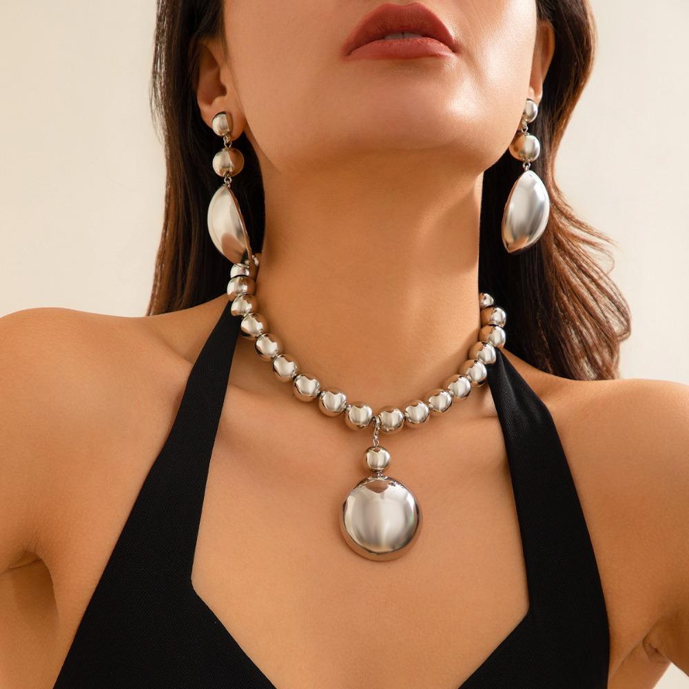 Punk Rock Metal String Beads Detachable Semi-circular Pendant Necklace for Women Exaggerate Neck Chain Jewelry Accessories Gifts
