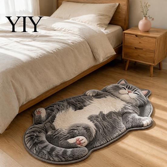 Easy to Clean Bedroom Rug Cozy Cat Shaped Floor Rug, Plush Cartoon Area Mat, Soft Whimsical Pet Themed Cover Crystal Velvet Decorative for Bedside And