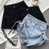 Damen High Waist Jeans-Shorts mit Kordelzug seitlich gerafft Stretch Slim Fit Lässige Sommer-Hotpants mit verstellbarem Bindedetail
