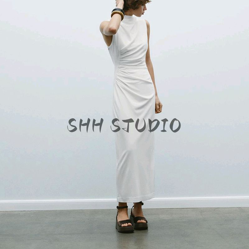 Spring New Women Clothes Vest Dress Long Knitted Pleat Decorative Stand Collar Sleeveless Dress 4772345