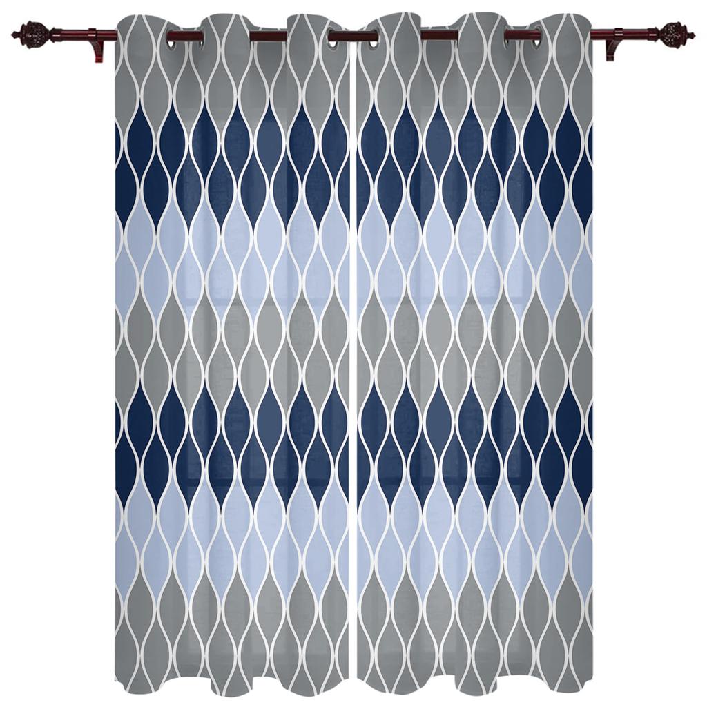Geometric Blue Grey Medieval Print Window Curtains for Living Room Kitchen Curtain with Valance Kids Room Home Decor
