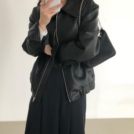 Women Jacket Faux Leather Smooth Surface Turn-down Collar Zipper Closure Stretchy Hem Long Sleeves Motorcycle Coat Travel Outerwear