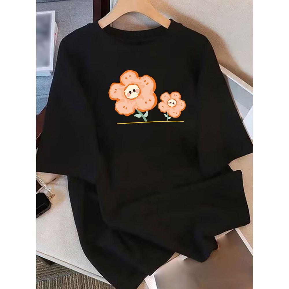 

Women s Pure Short Sleeve with Cute Cartoon Flower Print Fit Round Neck Harajuku Short Sleeve Casual Clothes S