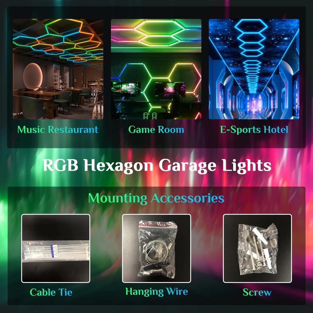 RGB Hexagon Garage Lights Hexagon Wall Lights APP Remote Control Dimmable Multi Color Modes Car Detailing Gaming Room Gym