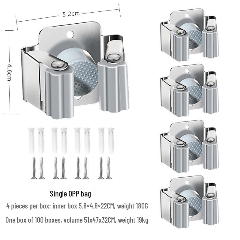 Stainless Steel Wall-Mounted Mop and Broom Holder, Punch-Free Clip for Bathroom Storage