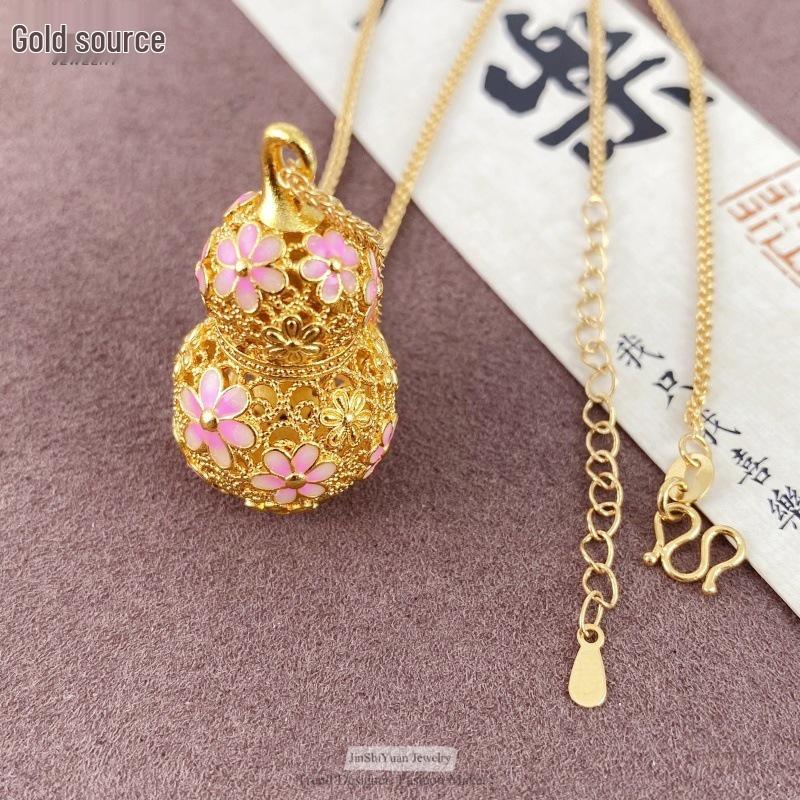 Gold Cloisonné Peach Blossom Gourd Pendant Necklace with Coffee Braided Rope