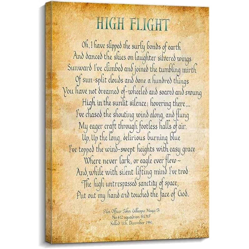 

High Flight Poem Wall Decor John Gillespie Magee Jr Quotes Wall Art Poetry Posters and Prints Picture Decorations Painting Canvas Artwork for Kitchen 12L x 8W