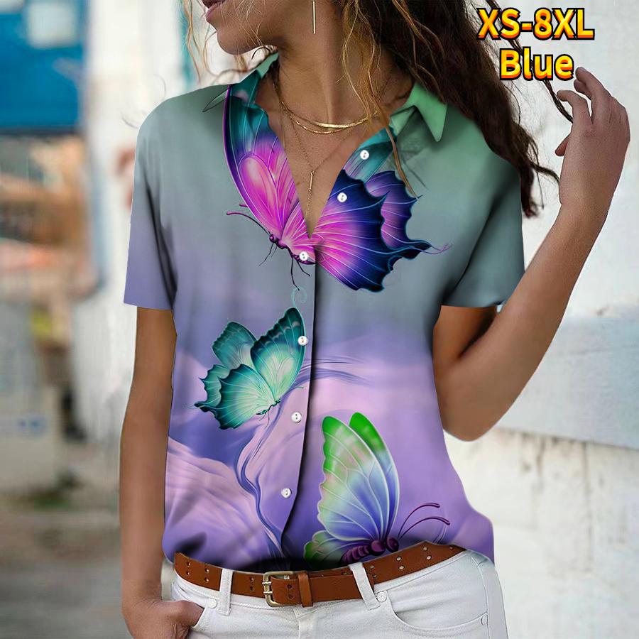 2025 Summer New Fashion Women's Butterfly Printed Short Sleeve V-neck Casual Button-down Shirt Top