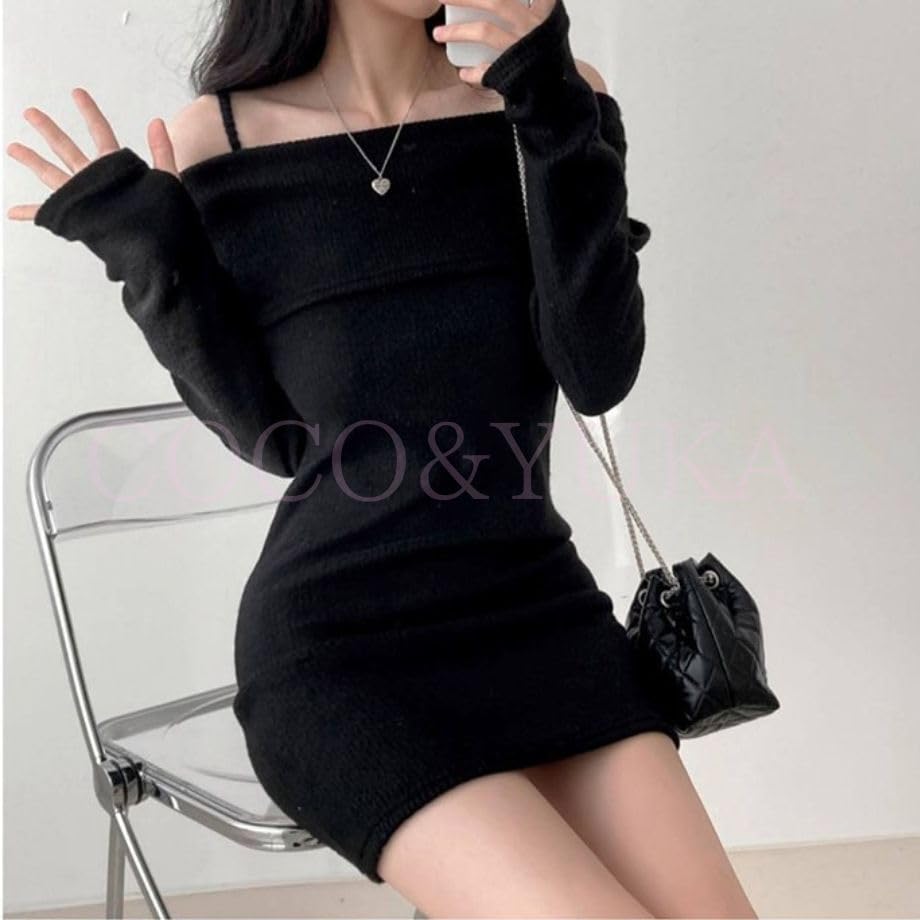 Coco Yuka Knit Tight Mini Sexy Tunic Dress with Long with Shoulder Straps Size & Off-the-Shoulder Dress, Sleeves, Off-the-Shoulder, Cute, Women's,