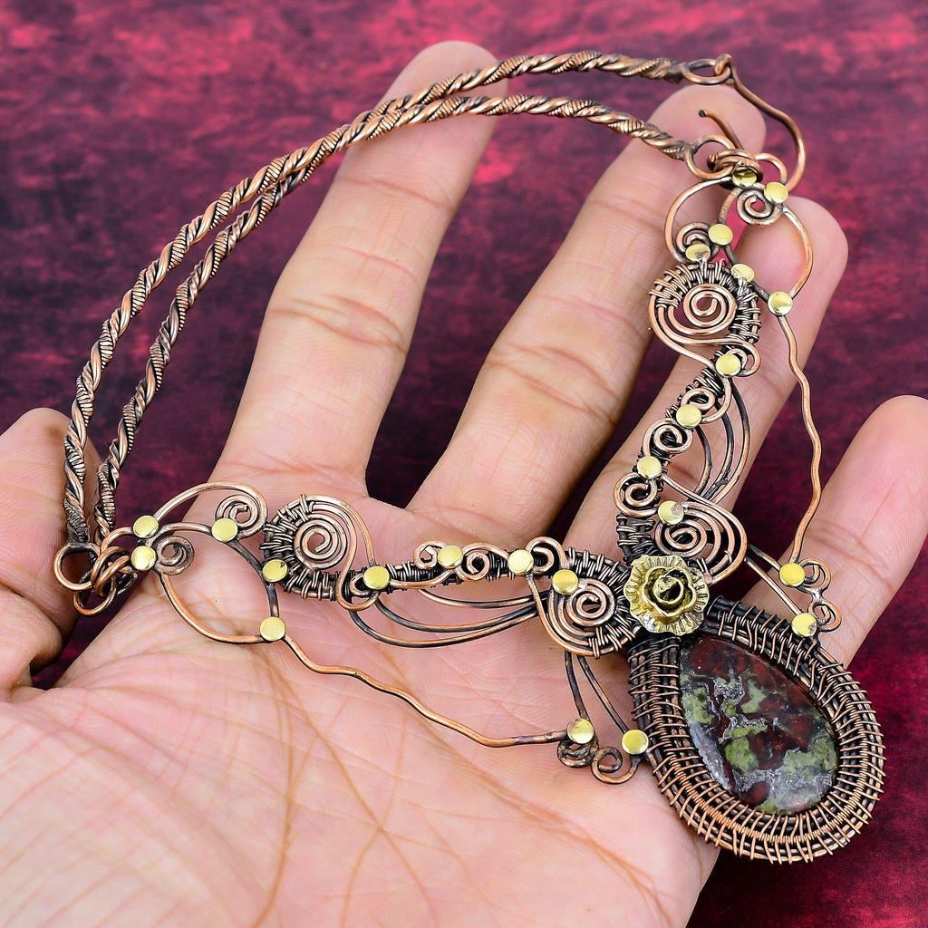 Dragon Bloodstone Gemstone Necklace Copper Wire Wrapped Adjustable Chain Necklace