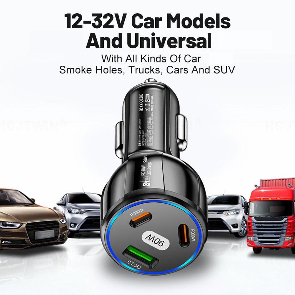 NEW High-end 90W USB Car Charger 3 Port PD Type C Fast Phone Charger LED-Cigarette USB Car Lighter Charging Adapter With Co R6R1