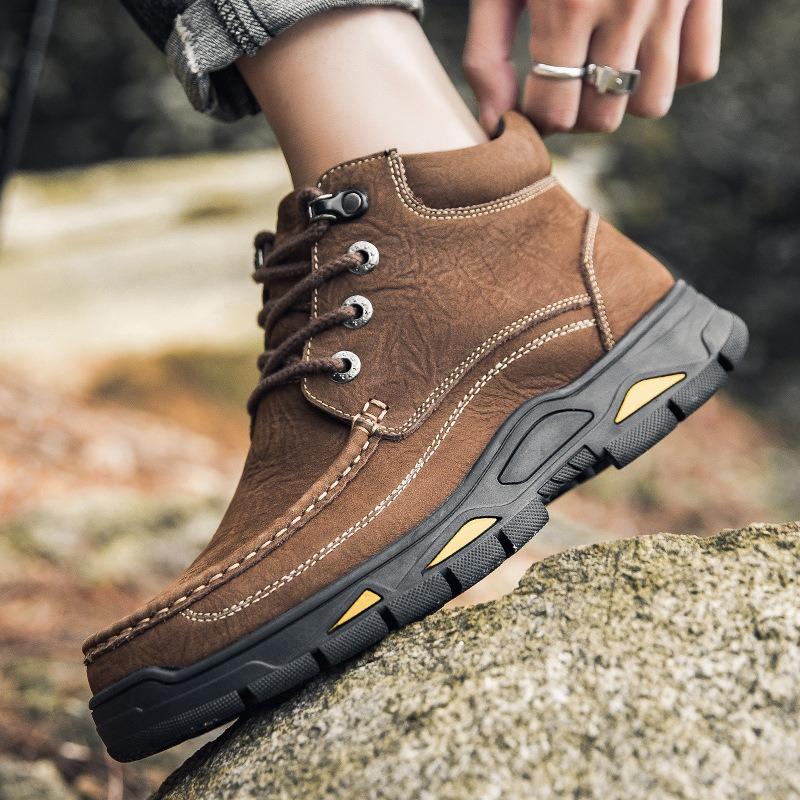 Large size autumn and winter high-top matte leather casual shoes men's top layer cowhide velvet outdoor men's shoes tooling boots