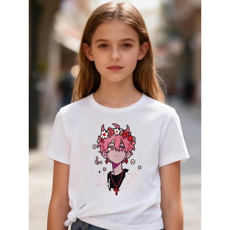 European Sizes Girls' Casual Short-Sleeve T-Shirt with Anime Demon Boy Print, Kids' Summer Casual Fashion Top