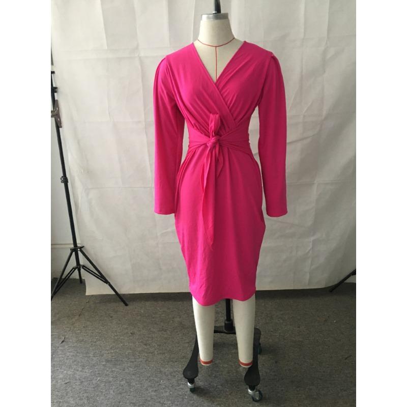 Dámské nové podzimní a zimní šaty s výstřihem do V, na zip, jednobarevné, s páskem v pase, střední délky