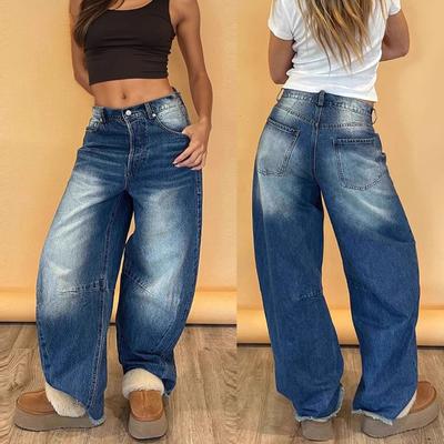 Damen Hip Hop Baggy-Jeans Weites Bein Mid-Low Waist Jeans Lockere Boyfriend-Jeans Vintage-Jeans