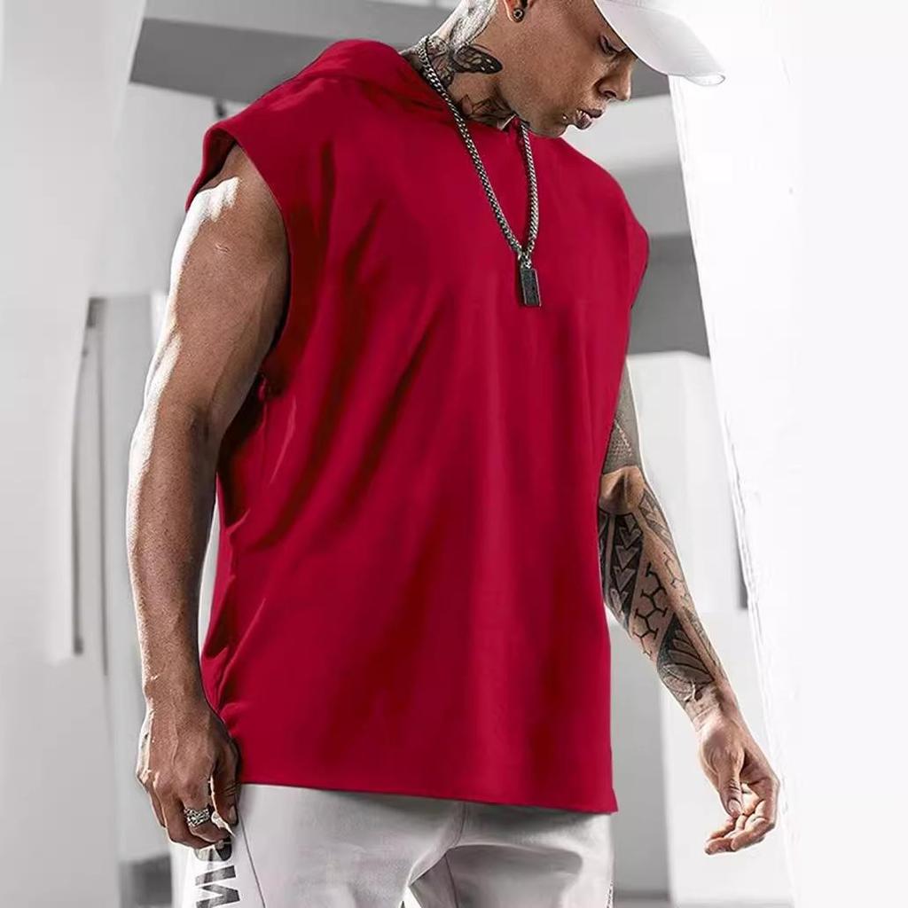Summer Men's Vest Simple Training Sports Casual Sleeve Hooded Clip Europe and The United States Fashion Men's Solid Color Vest Daily Fitness