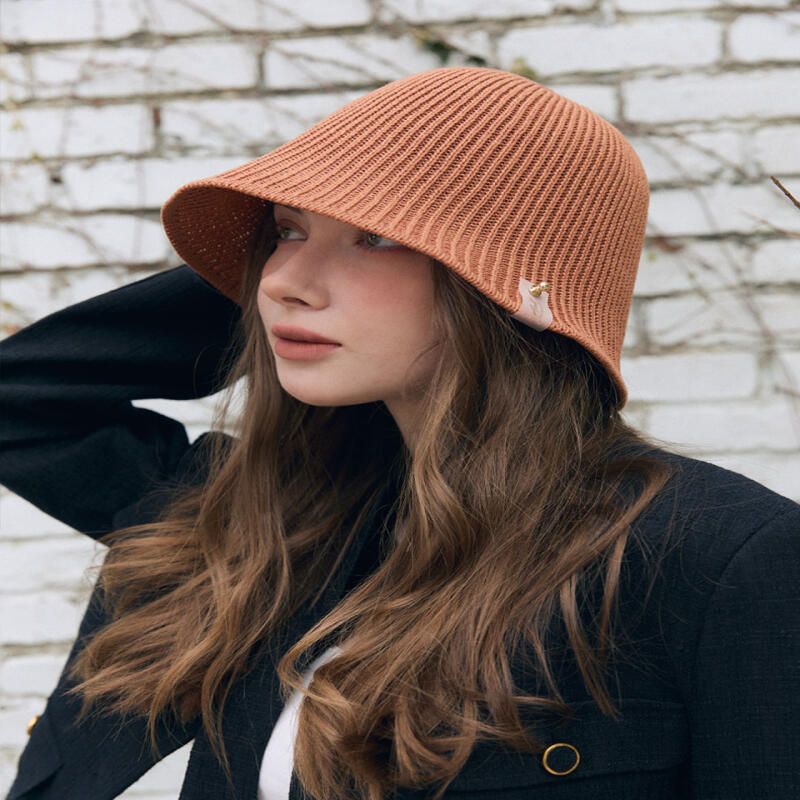 Women s Striped Pattern Wide Knit Bucket Hat Brick H029 Brick