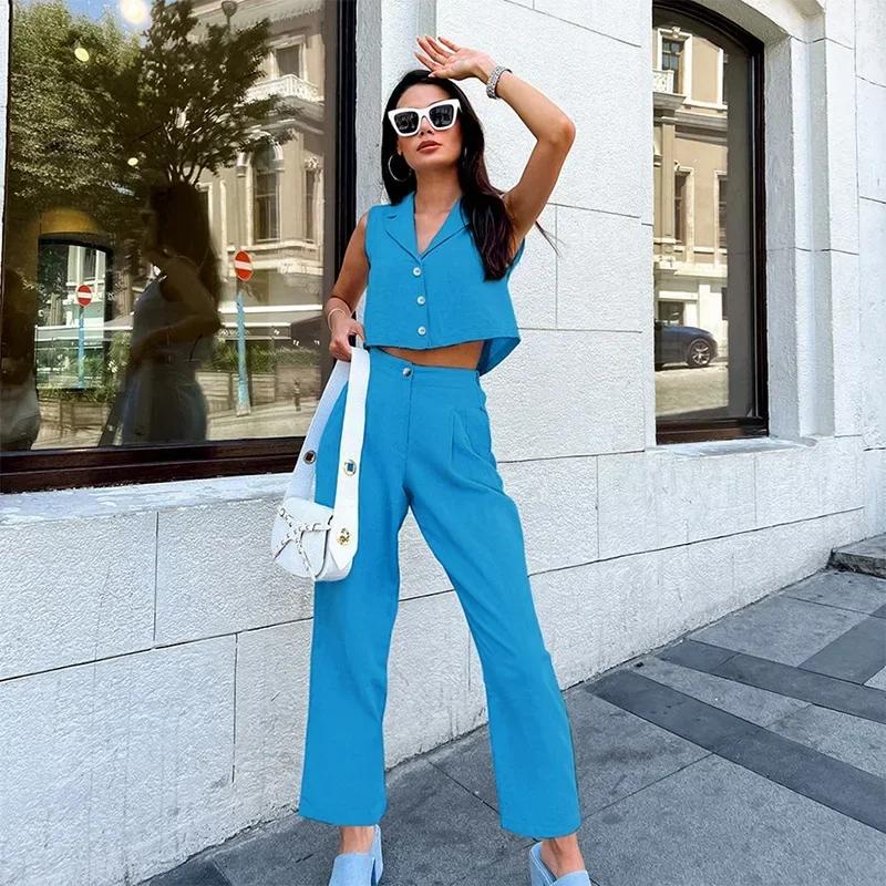 Casual Solid Vest Suit Women Sleeveless Single Breasted Tops High Waist Pants Summer Fashion Lady Elegant Set