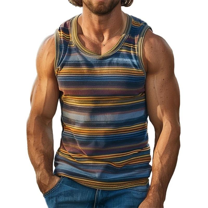 Retro Striped Graphic Tank Tops For Men Fashion Casual Summer Sleeveless 3D Printed Vest Loose Crew Neck Quick Dry Sports Tees