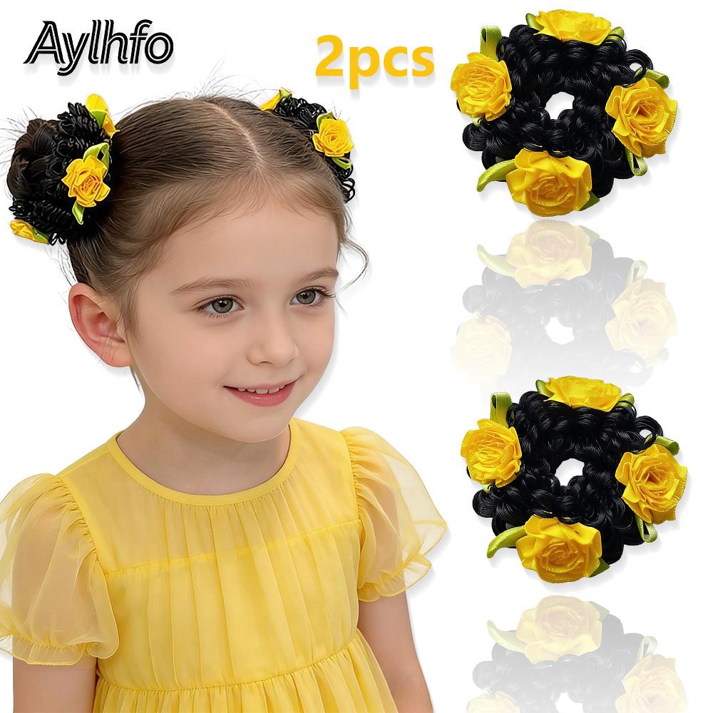 Aylhfo Girls' Spring 2pcs Colorful Flower Wig Scrunchies/Cute Bohemian Style Fabric Flower Wig Ponytail Hair Ties