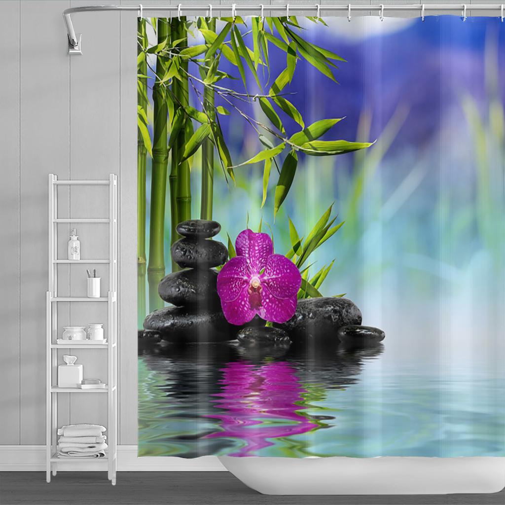 Venkovská krajina Sprchové závěsy Potok Kámen Lotos Buddha Koupelnový závěs Přírodní scenérie Vodotěsná Koupelna Domácí dekorace s háčky