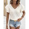 Summer Double-layer Ruffled Women Lace Blouse Casual Solid Color V-neck Shirts Sort Sleeve Loose Hollow Out Top Casual Sweet Fashion Elegant Clothing