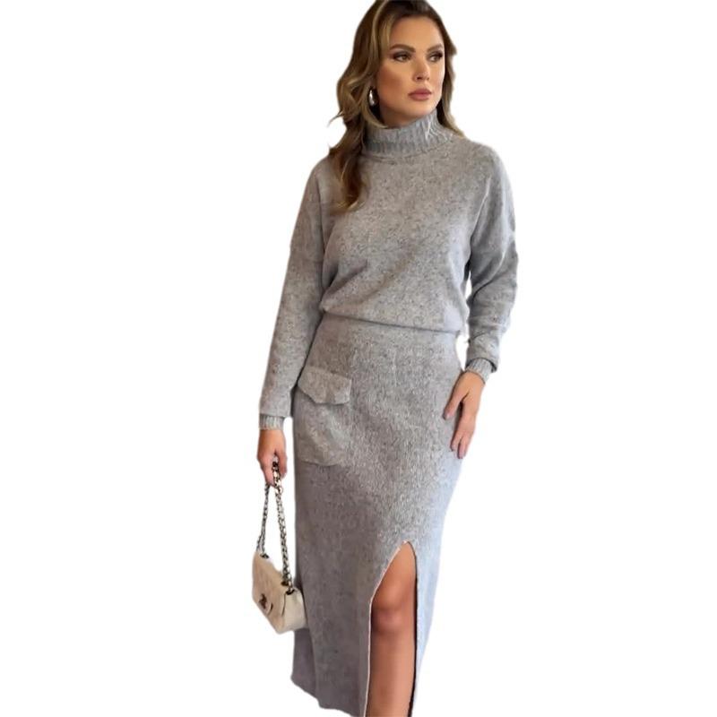 2024 Autumn Women's Solid Color Semi-High Neck Slim-Fit Knitted Dress & Top Set