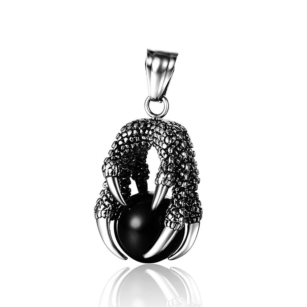 European and American Titanium Steel Dragon Claw Bead Pendant Stainless Steel Jewelry Inlaid Stone Pendant Personalized Men's Necklace