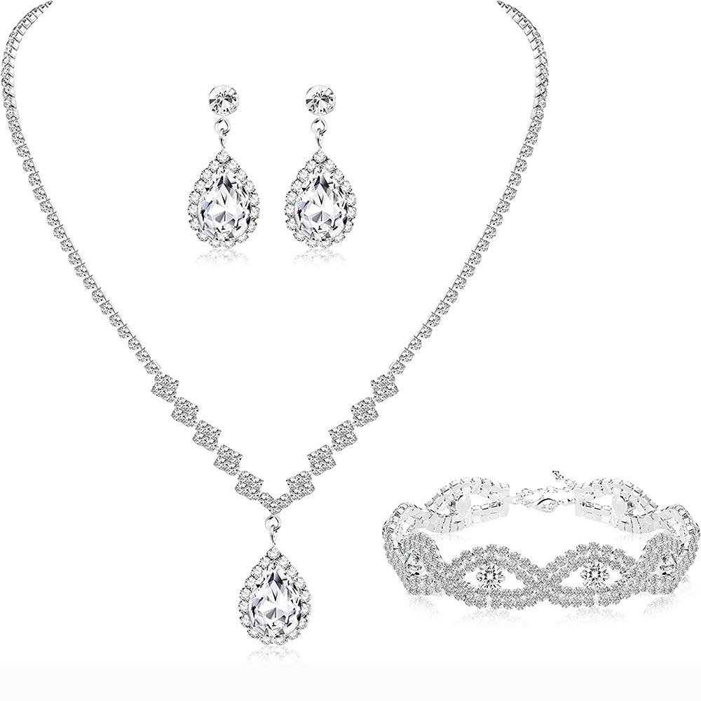 Bridal Party Jewelry Set With Zircon Water Drop Necklace Earrings And Bracelet For Weddings