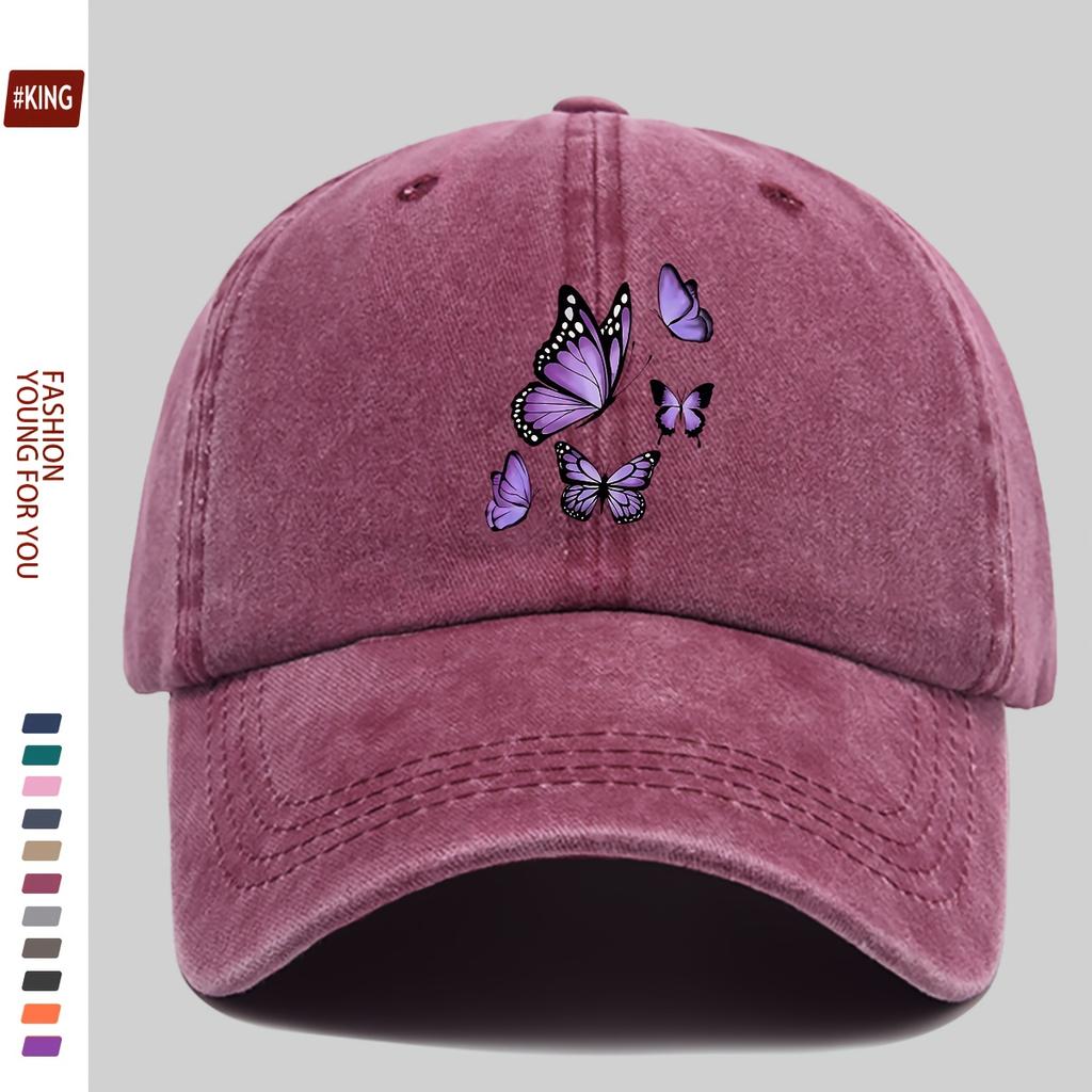New Simple Versatile Butterfly Print Washed Vintage Soft Top Sunshade Baseball Cap Unisex Baseball Cap