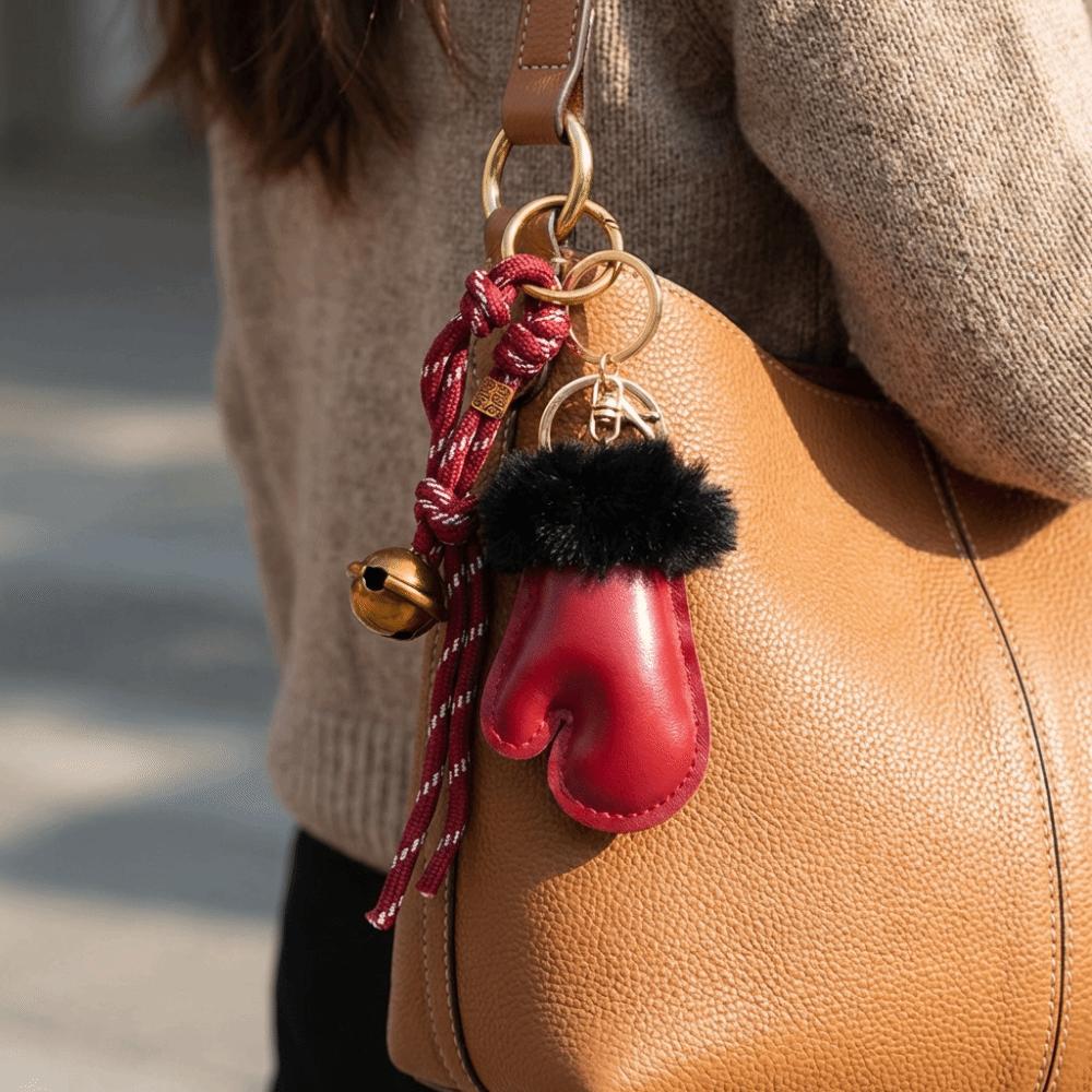 Fashionable PU Small Gloves Bag Pendant Cartoon Car Keychain Tie Bells Weave Ropes Small Gloves Keychain Gift